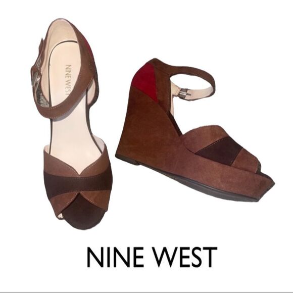 Nine West Color Block Suede Wedges in Brown & Red - Picture 1 of 10